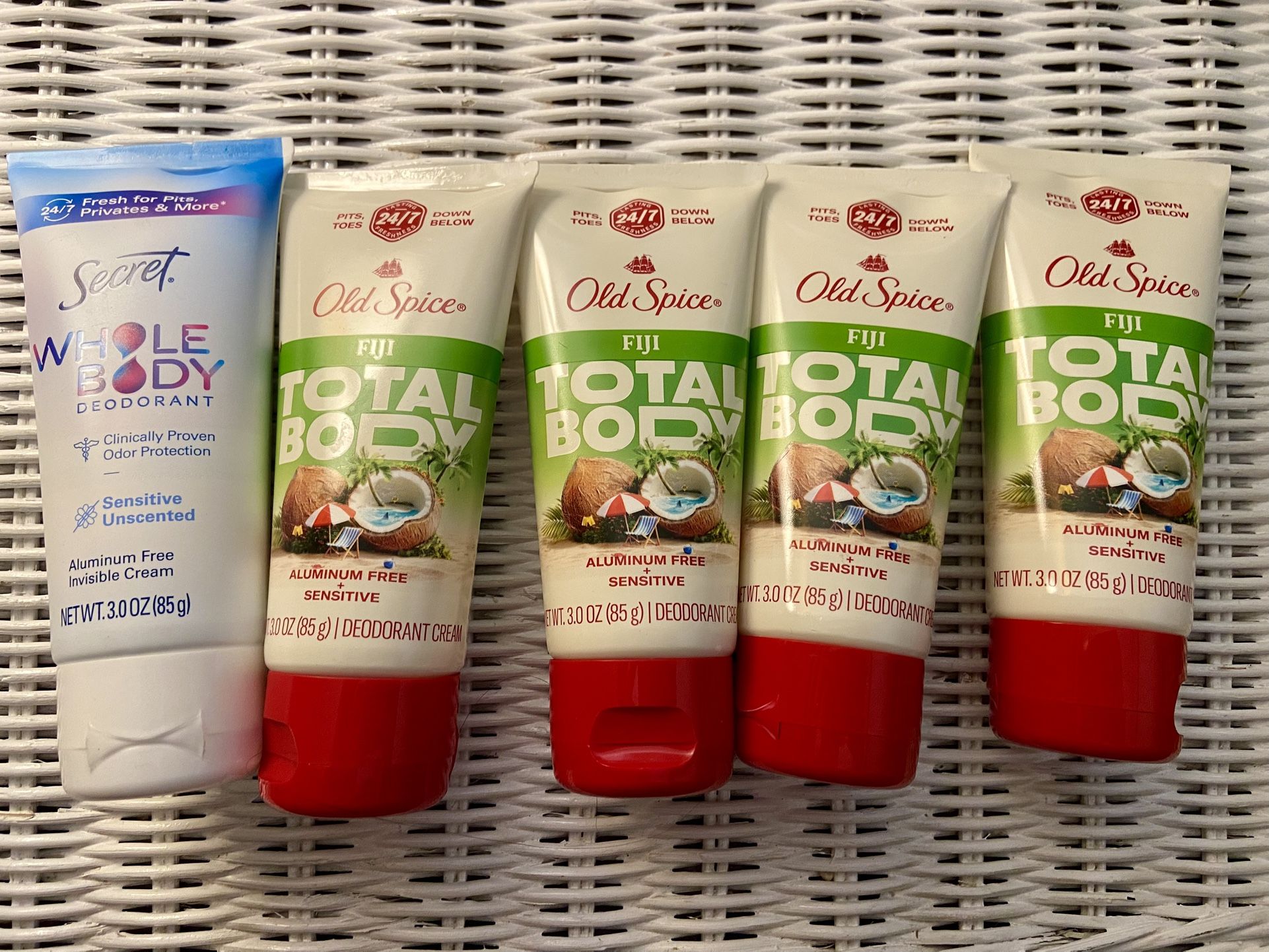 Deodorant / Antiperspirant: Old Spice Total Body or Secret Whole Body Cream Deodorant. New