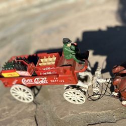 Coca Cola Cast Iron Horse Drawn Delivery Wagon & Bottled Coke