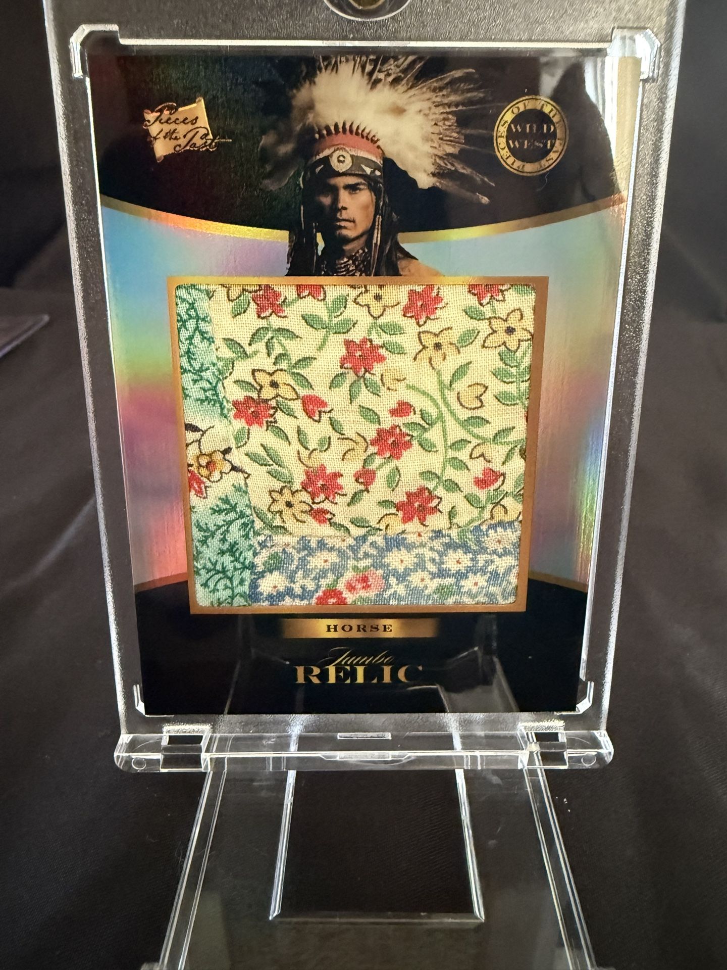 Pieces of the Past Wild West Edition Relic card featuring the Lakota war leader Crazy Horse. The small square of fabric in the center is an authentic