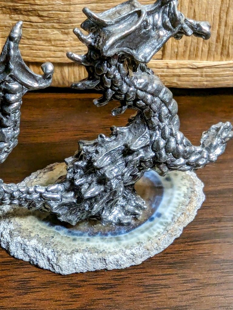 Vintage Pewter Dragon On Agate Quartz Base