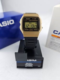 Casio F-91W Classic Digital Watch Gold Tone Black Band Alarm Chronograph Brand New In Box