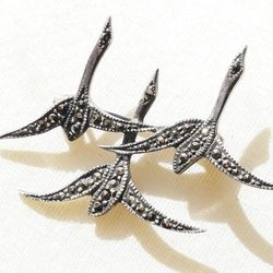 Sterling Silver Brooch 925.  3 Flying Herons. 