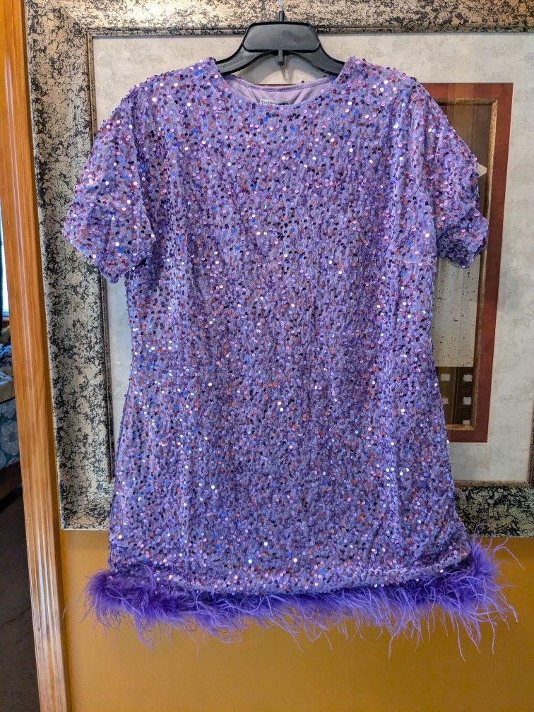 Purple Reign Sequin Feather Trim  Dress (Fits Like XL)