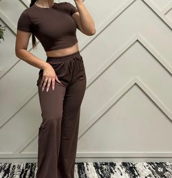 Brown Crop Top and Wide-Leg Pants Set