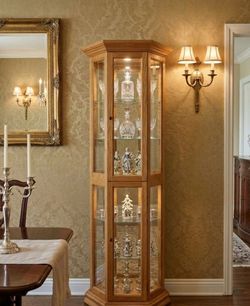 Tall Oak Curio Cabinet with Glass Shelves