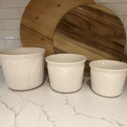 Set of 3 Embossed Leaf White Pottery Open Containers or Pots artisan stamped