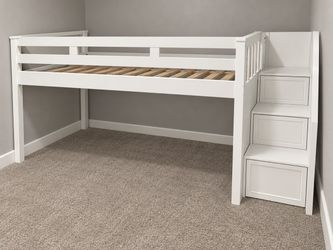 White Wood Kids Loft Bed with Storage Stairs