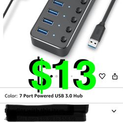 USB 3.0 Hub, RSHTECH 7 Port Powered USB Hub Expander Aluminum USB 3.0 Data Port hub with Universal 5V AC Adapter and Individual On/Off Switc