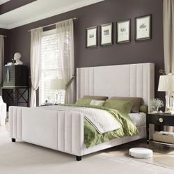 Queen Size Bed Frame, Velvet Upholstered Platform Bed with Vertical Channel Tufted Headboard