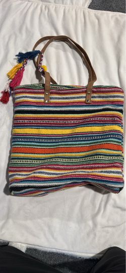 Colorful Striped Woven Tote Bag with Tassels