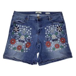 Vintage America Blues Bestie Floral Embroidered Distressed Stretch Mid-Rise Blue Jean Shorts Women's 14/32