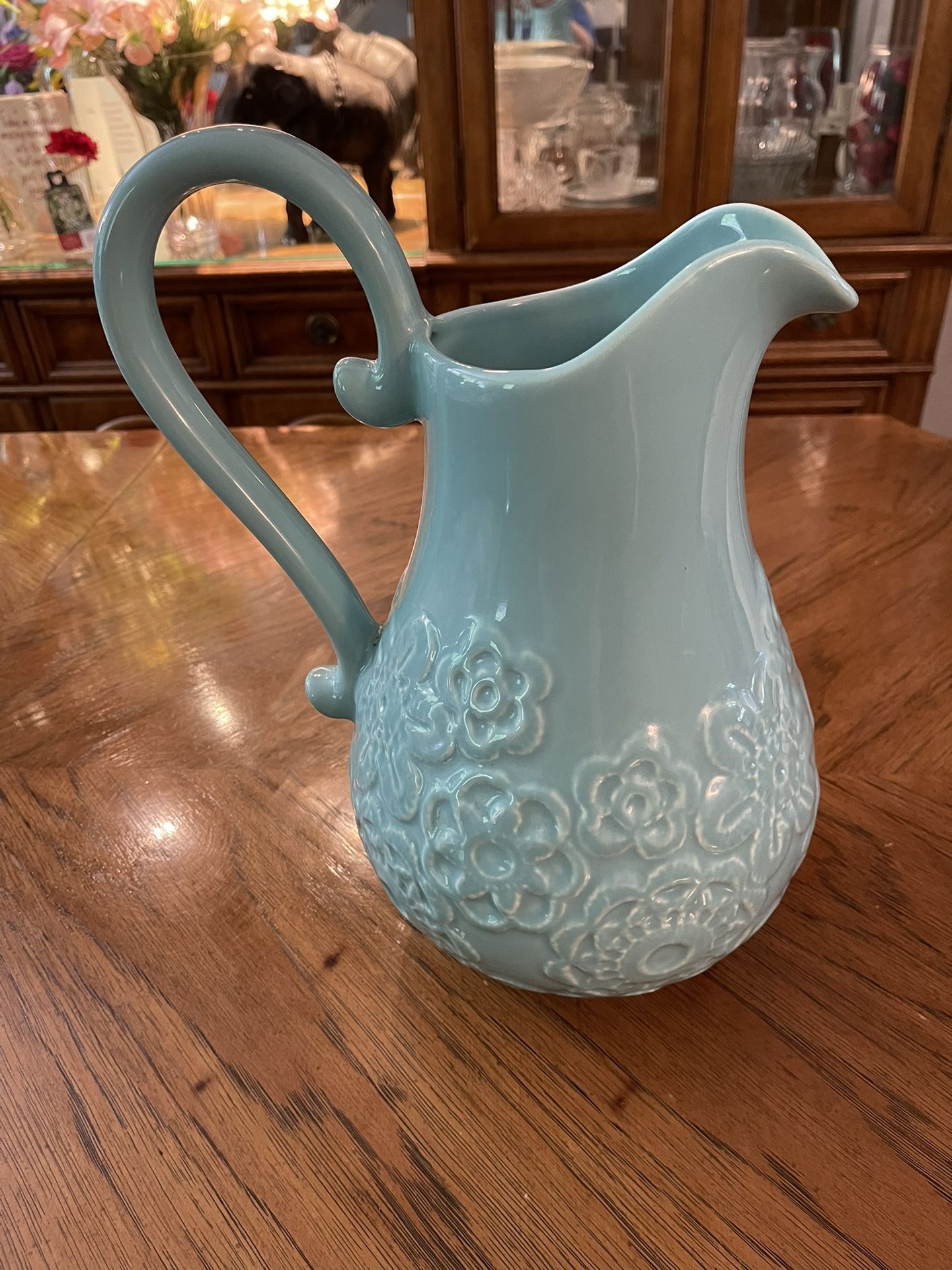 Gorgeous Large Farval Turquoise Floral Pitcher made in Portugal