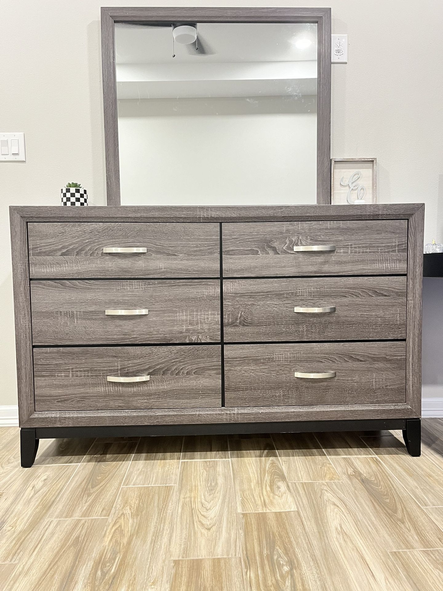 6 Drawer Dresser With Mirror- Grey , Night Stand -Grey