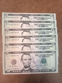 (6) $5 bills Uncirculated in Sequential order