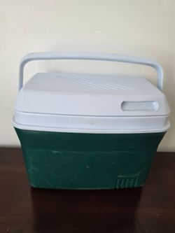 small green Rubbermaid cooler good for lunch or a 6 pack