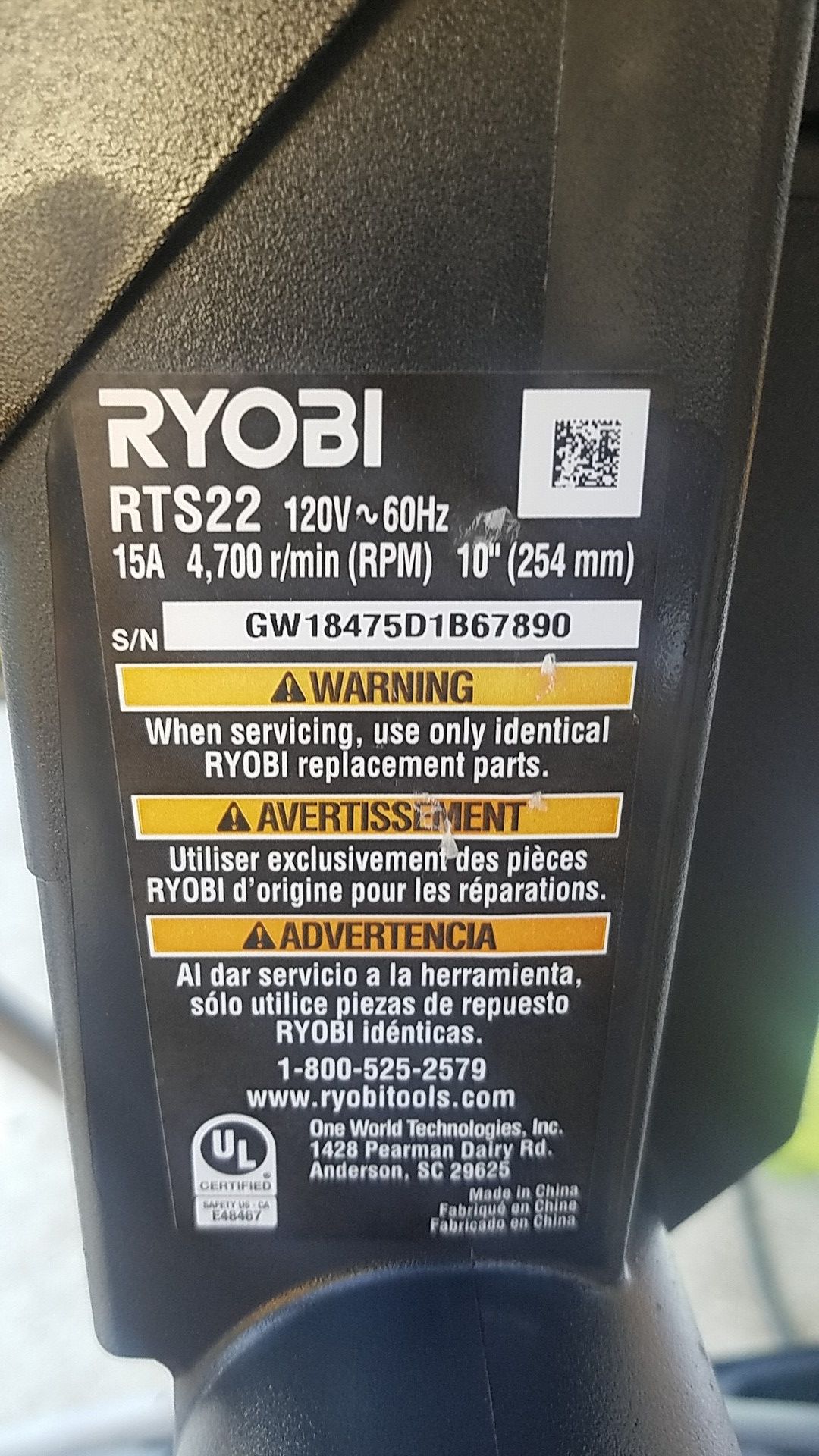 Ryobi 10inch table saw expanded capacity with rolling stand model