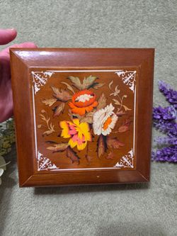 Jewelry box trinket box marquetry floral design light blue velvet color
