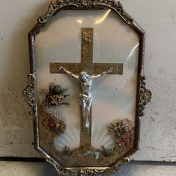 Antique Protruding Convex Glass Brass Frame with Religious Crucifix