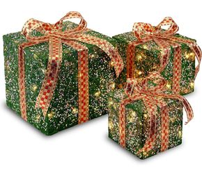 Set of 3 GREEN Gift Boxes with Clear Lights Holiday Decor