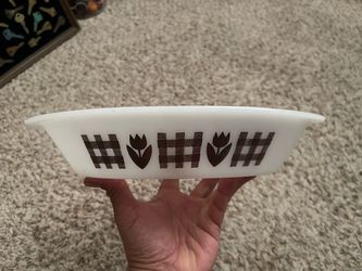 This is a vintage Glasbake milk glass baking or loaf dish featuring the retro Brown Gingham and Tulip pattern from the 1960s or 1970s