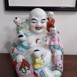 Old Vintage Chinese Porcelain Happy of Fertility and Prosperity Buddha Statue; with 5 children;9 inch Tall.