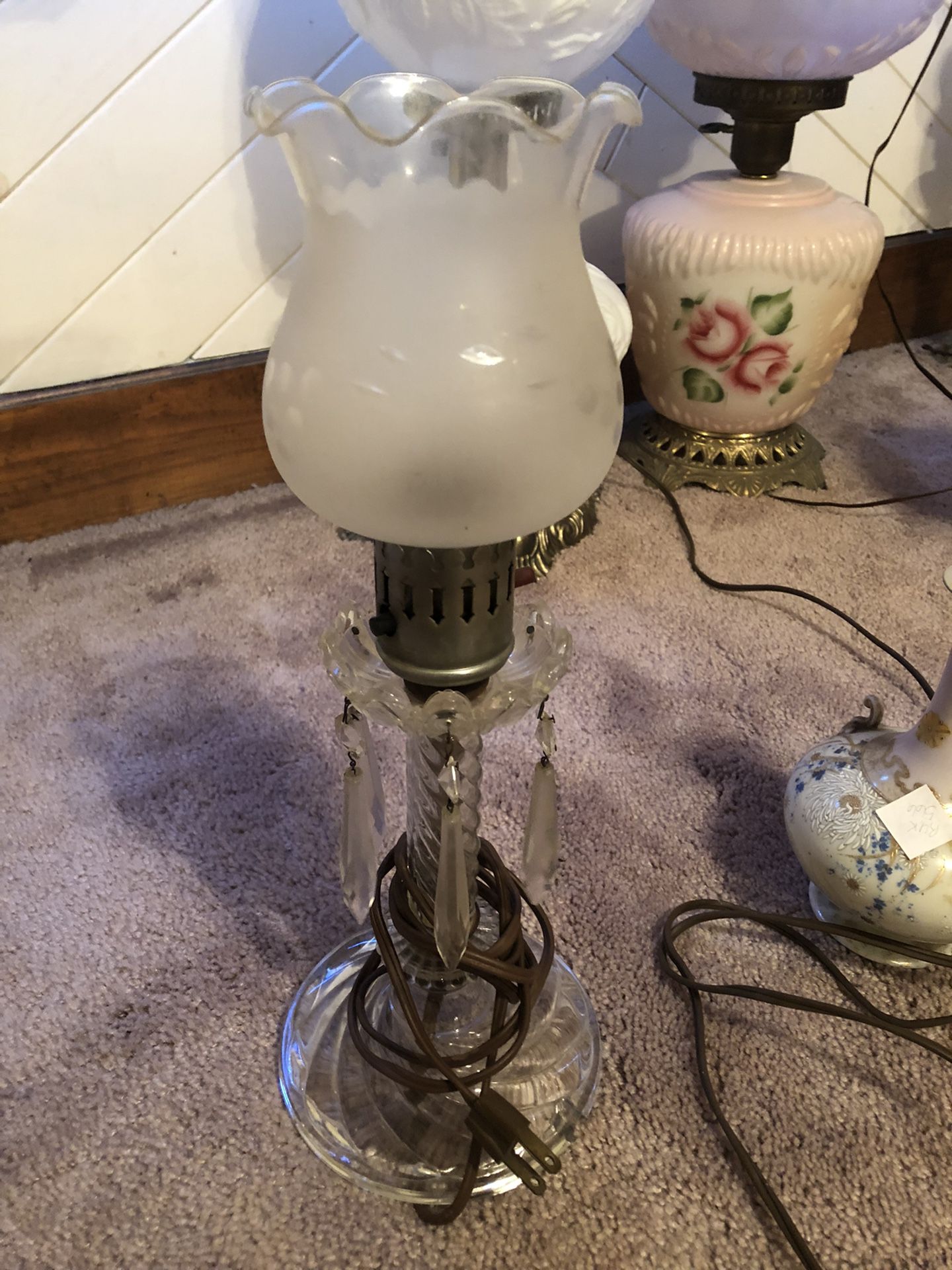 Antique Lamp  w/Crystal Prisms