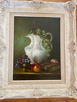 Hand Pained Fruit  and Wine Jug Oil on Canvas