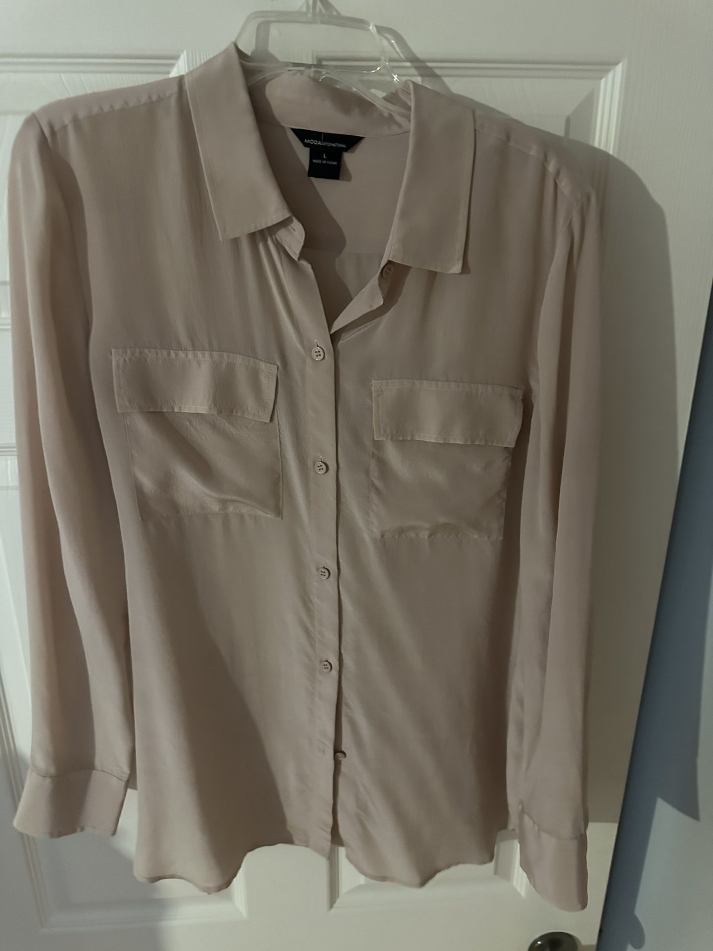 Moda International Button-Down Blouse – Size Large – Soft Blush Pink