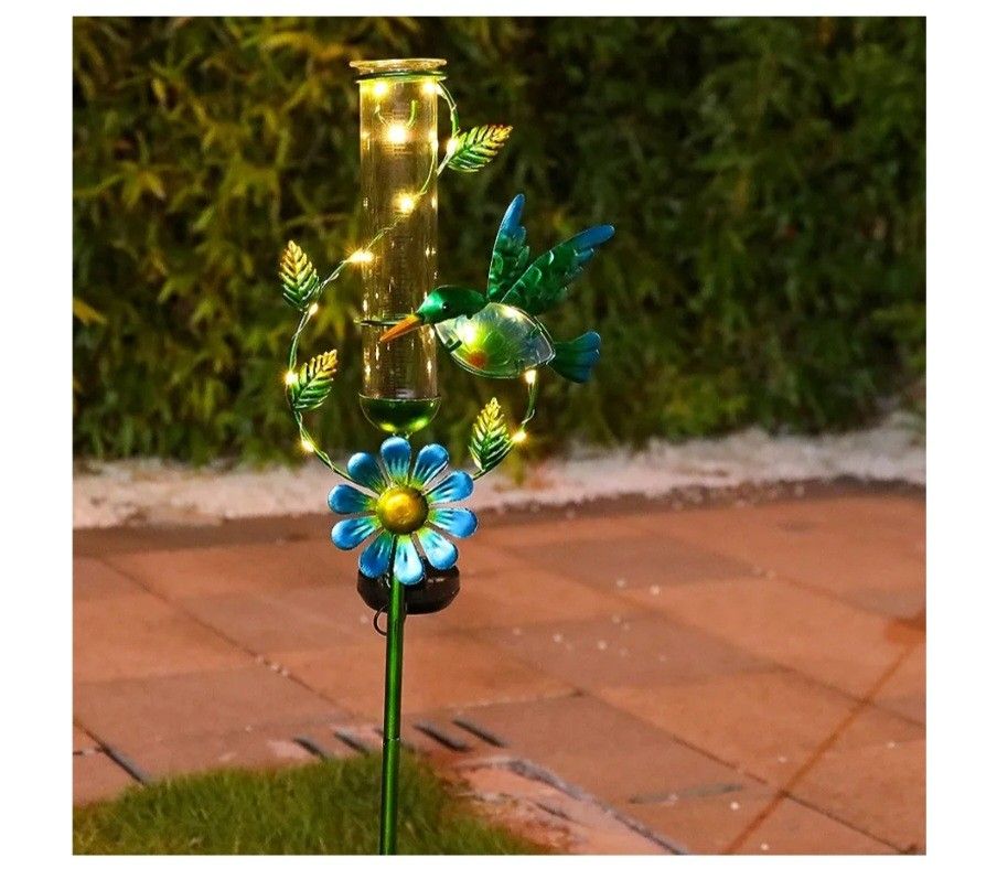 Rain Gauge Outdoor - Solar Powered Garden Rain Gauge, Metal Hummingbird Flower Stake, LED Lights for Garden Yard Patio Decor