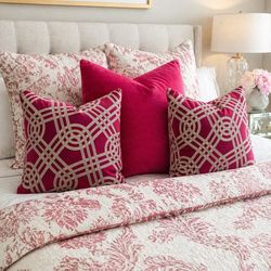 Set of 3 Designer Throw Pillows – Down Filled – Pink Velvet Euro + Geometric Covers