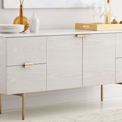 WEST ELM Delphine Buffet (63") Marble & Wood Feather Gray NEW Condition   Overall: 63"w x 18"d x 28"h Drawer (4): 12.5"w x 15.25"d x 6.25"h Cabinet: 3