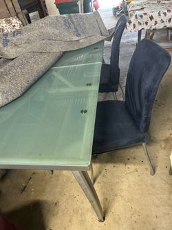 Beautiful Strong Metal Table With 4 Velvet Blue Chairs Asking $200. Chairs