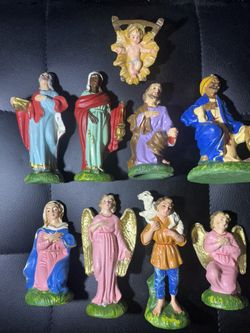 Vintage Christmas Nativity Plaster Figurines Italy Shepherd Piper Wise Man Lot 9