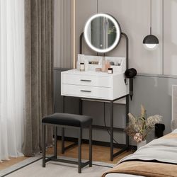Small Vanity Desk with Mirror and Lights Compact Makeup Vanity Set with Drawers for Bedroom Mini White Modern Dressing Table with Stool 
