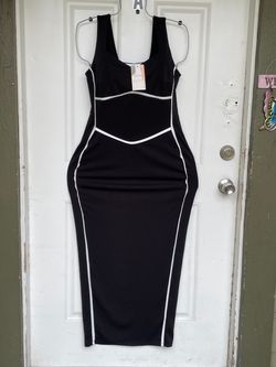 Black Bodycon Midi Dress with White Trim