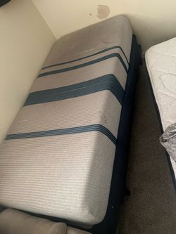 White and blue bed with frame