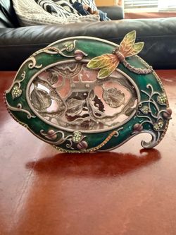Elegant Dragonfly Genuine Crystal Photo Frame – Jeweled Green Enamel Tabletop Frame 6” x 4.5”