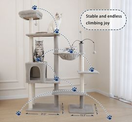 Vibrant Life 64” Multiple Level Cat Tree Tower with Condo and Hammock, Light Gray