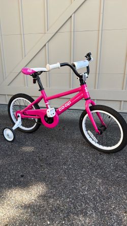 kids 16 inch Co-op bike in bright pink