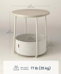 SONGMICS Small Side End Table Round 2 Tier Nightstand U Shaped Steel Legs w/ Basket - Beige / White