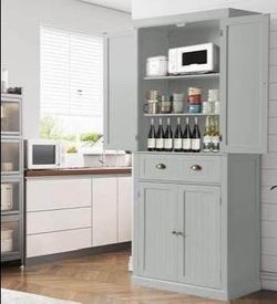 See Pics) New 72" Tall Kitchen Pantry Cabinet Drawer and 4 Adjustable Shelves, Freestanding Blue Grey