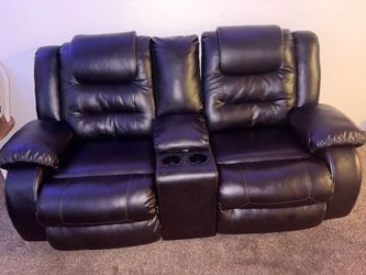 Dark Brown Leather Reclining Loveseat with Console