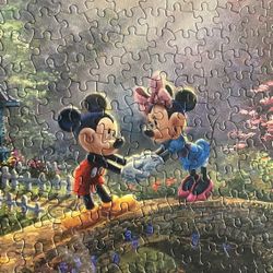 Framed Thomas Kinkade Disney Mickey Minnie Love Bridge Puzzle