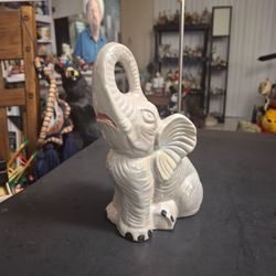 Iridescent Elephant Figurine Sitting With Trunk Up & Cute Black Toe Nails & Red Lipstick - Made In Brazil 7.5"H