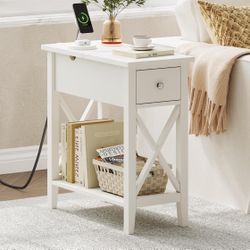 ChooChoo End Table with Charging Station, Narrow Side Table with USB Ports and Outlets, Nightstand with Drawer, for Small Spaces, Bedside Tables for L