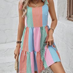 Breezaya Striped Print Ruffle Hem Knot Shoulder Cami Dress