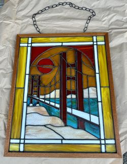 Framed Stained Glass Panel – Bridge & Sunset Scene (Golden Gate Inspired)