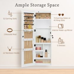 Solid Wood Jewelry Armoire Organizer Cabinet with Full-Length Mirror, 47.5x14.3 in Wall-Mounted Lockable with LED Light