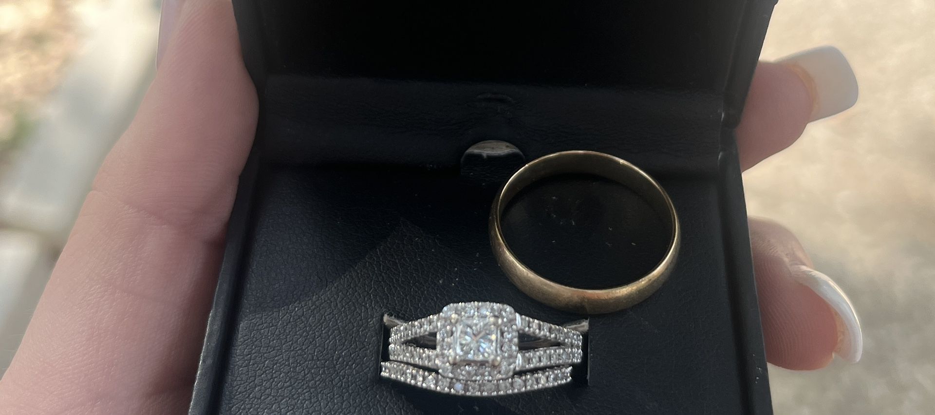 mens 10k gold wedding band  under half karat -princess cut diamond  halo split diamond shank engagement ring with matching diamond wedding band  