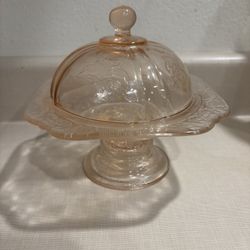 Vintage Pink Depression Glass Compote Dish With Dome